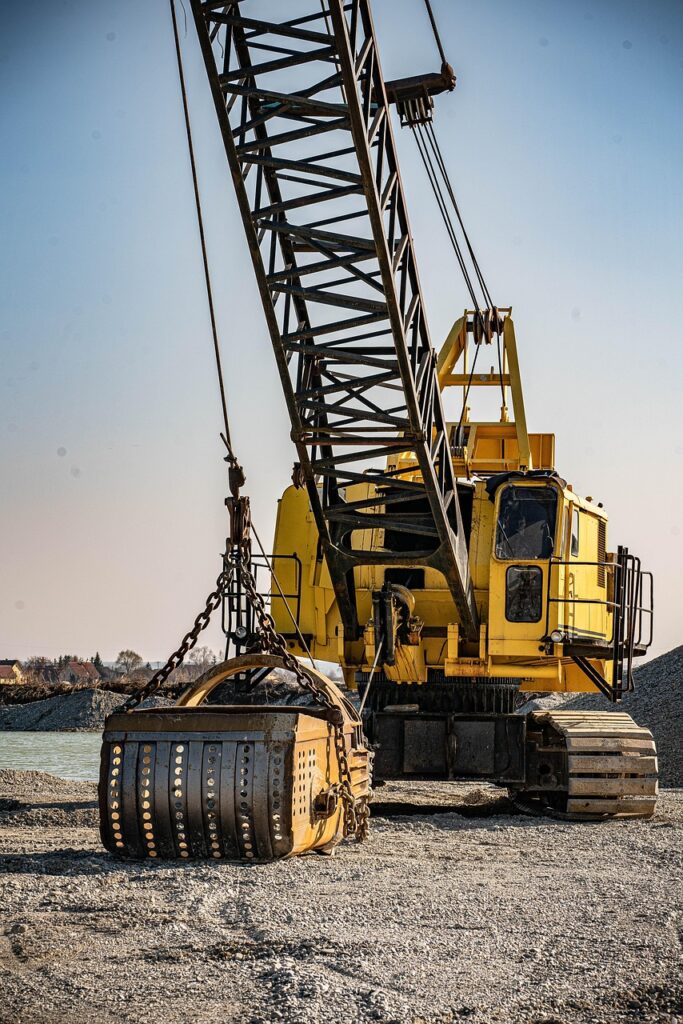 work, craft, nature, excavator, construction site, gravel plant, gravel, lake, quarry pond