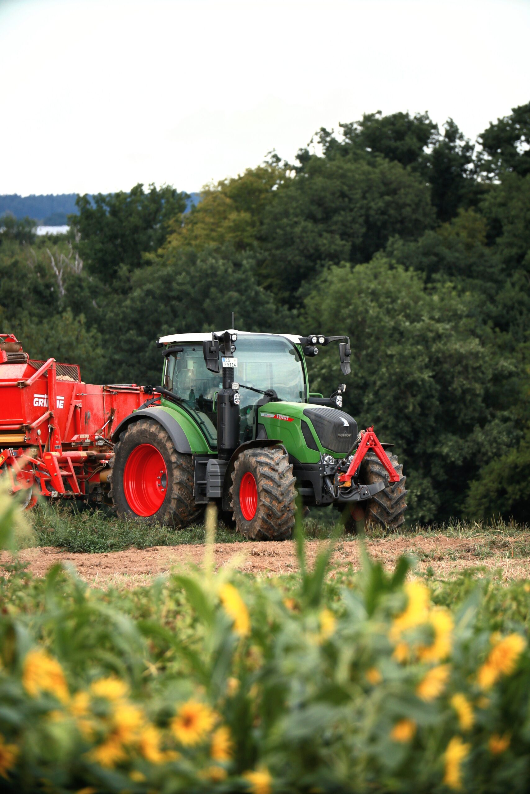 A vibrant scene of a modern tractor working on a farm amidst lush greenery in summer.